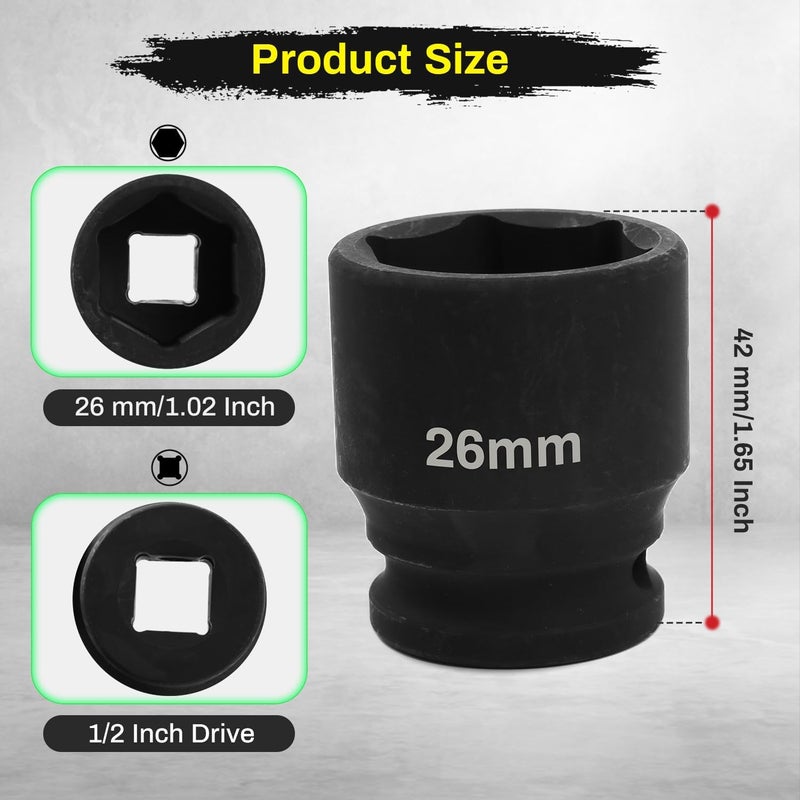 SUNKOO 1/2 Inch Drive 26mm Deep Impact Socket, CR-MO 6 Point Heavy Duty Metric Axle Nut Socket for Easy Removal of Axle and Wheel Hub Nuts - Image 2
